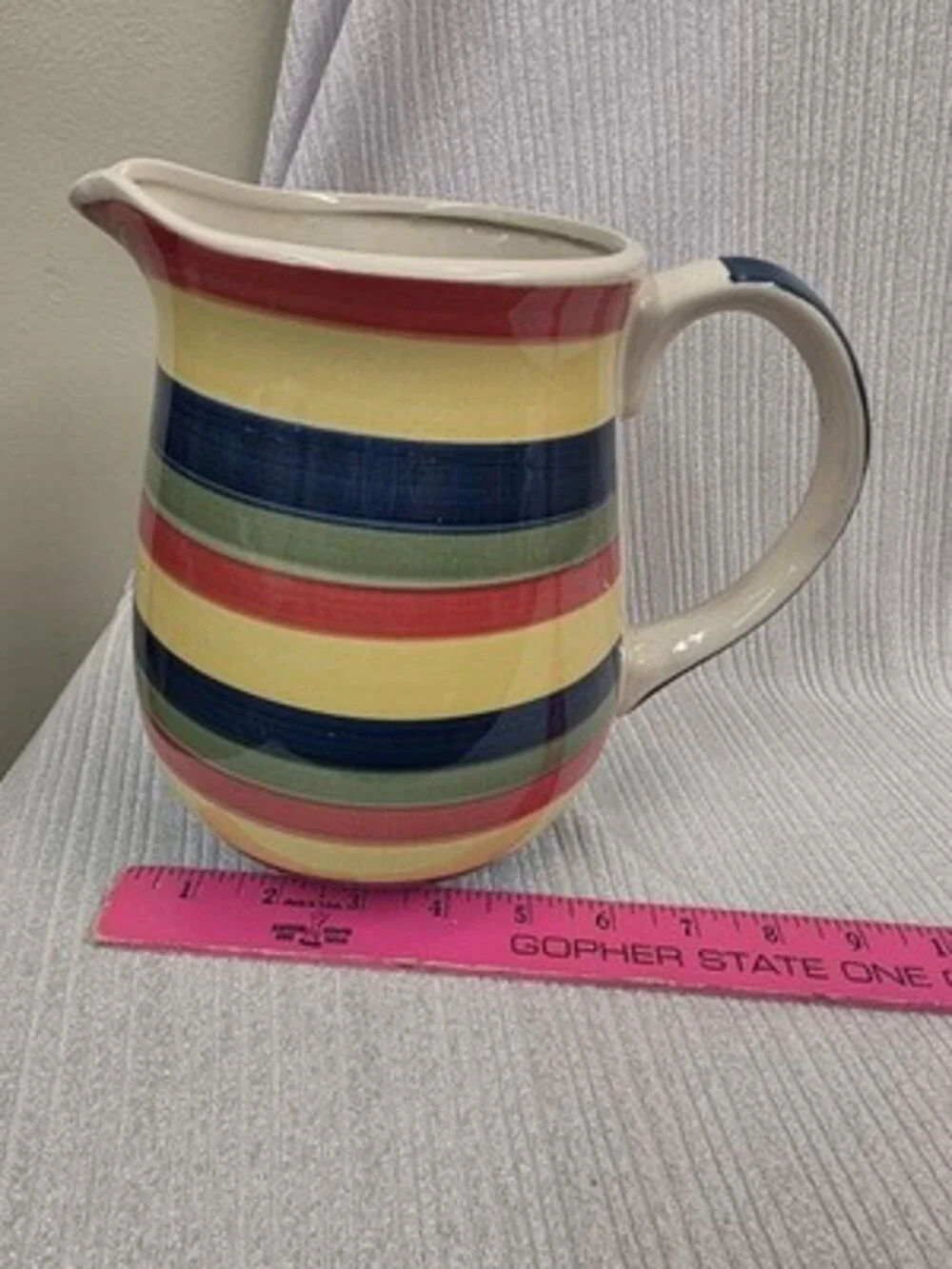 Swirl Hand Painted Collection 32 oz Striped Ceramic Pitcher w/ Blue Handle